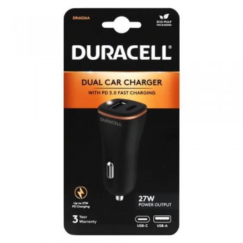 Φορτιστής Αυτοκινήτου Ταχείας Φόρτισης Duracell με Έξοδο USB A & Έξοδο USB C PD 3.0 27W Μαύρο-Μπρονζέ