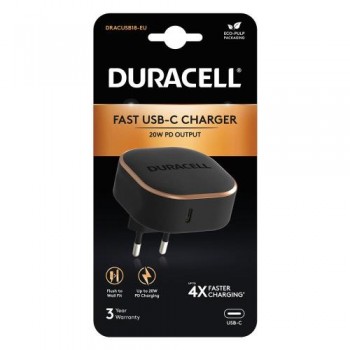 Φορτιστής Ταξιδίου Duracell PD 20W με Έξοδο USB C Μαύρο