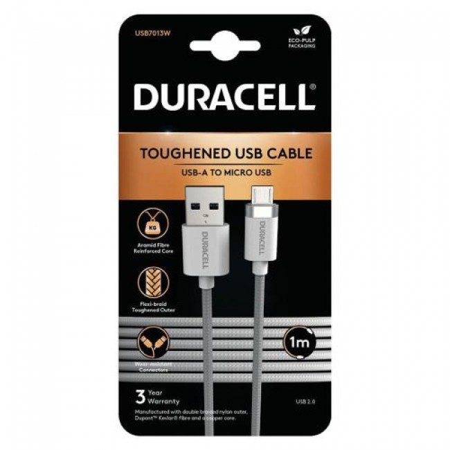 Καλώδιο Σύνδεσης USB 2.0 Duracell Braided Kevlar USB A σε Micro USB 1m Λευκό