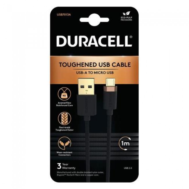 Καλώδιο Σύνδεσης USB 2.0 Duracell Braided Kevlar USB A σε Micro USB 1m Μαύρο