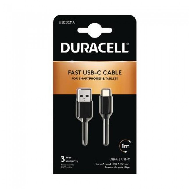 Καλώδιο Σύνδεσης USB 3.0 Duracell USB A σε USB C 1m Μαύρο