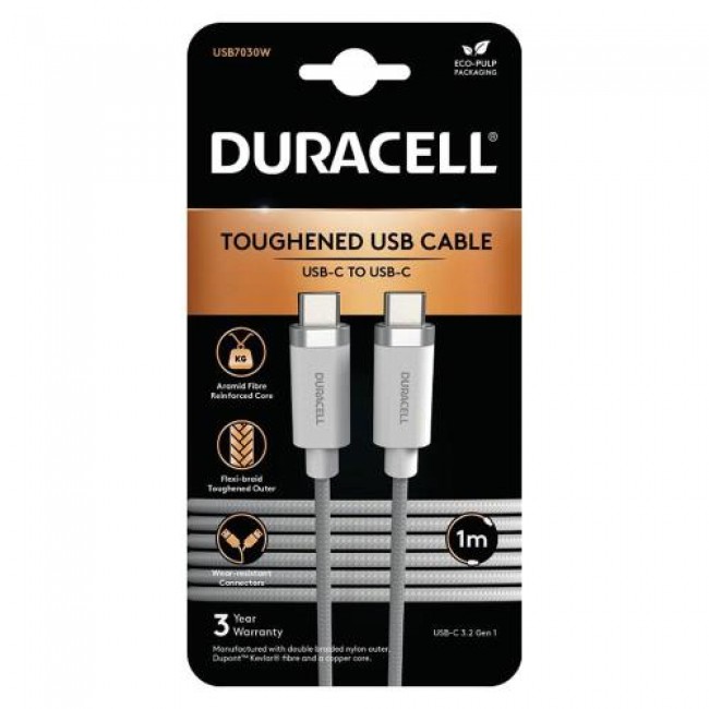 Καλώδιο Σύνδεσης USB 3.2 Duracell Braided Kevlar USB C σε USB C 1m Λευκό