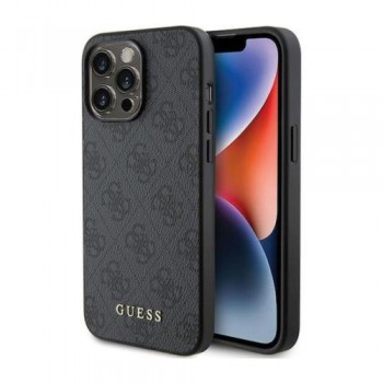 Θήκη PU Guess Apple iPhone 15 Pro Hardcase Metal Gold Logo 4G Γκρι