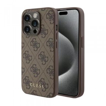 Θήκη PU Guess Apple iPhone 15 Pro Hardcase Metal Gold Logo 4G Καφέ