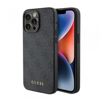 Θήκη PU Guess Apple iPhone 15 Pro Max Hardcase Metal Gold Logo 4G Γκρι