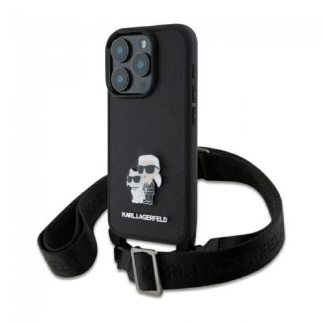 Θήκη Δερμάτινη Karl Lagerfeld iPhone 16 Pro Saffiano Crossbody Metal Pin Karl & Choupette Μαύρο