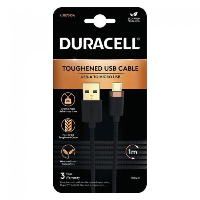 Καλώδιο Σύνδεσης USB 2.0 Duracell Braided Kevlar USB A σε Micro USB 1m Μαύρο Καλώδιο Σύνδεσης USB 2.0 Duracell Braided Kevlar USB A σε Micro USB 1m Μαύρο