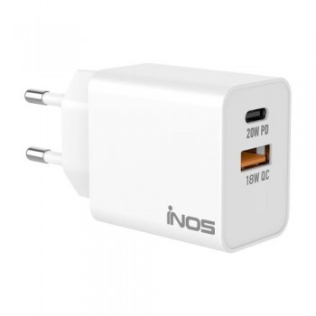 Φορτιστής Ταξιδίου Ταχείας Φόρτισης inos με Διπλή Έξοδο USB A & USB C PD QC 3.0 20W Λευκό Φορτιστής Ταξιδίου Ταχείας Φόρτισης inos με Διπλή Έξοδο USB A & USB C PD QC 3.0 20W Λευκό