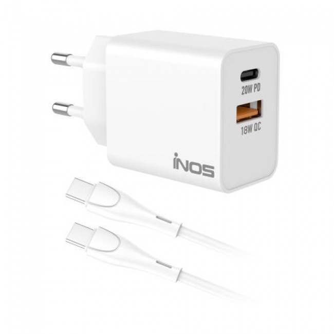 Φορτιστής Ταξιδίου Ταχείας Φόρτισης inos με Διπλή Έξοδο USB A & USB C PD QC 3.0 20W & USB C Καλώδιο 1m Λευκό Φορτιστής Ταξιδίου Ταχείας Φόρτισης inos με Διπλή Έξοδο USB A & USB C PD QC 3.0 20W & USB C Καλώδιο 1m Λευκό
