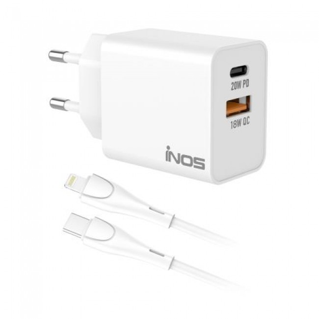 Φορτιστής Ταξιδίου Ταχείας Φόρτισης inos με Διπλή Έξοδο USB A & USB C PD QC 3.0 20W & Lightning Καλώδιο 1m Λευκό Φορτιστής Ταξιδίου Ταχείας Φόρτισης inos με Διπλή Έξοδο USB A & USB C PD QC 3.0 20W & Lightning Καλώδιο 1m Λευκό