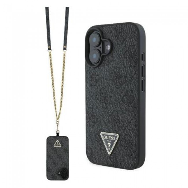 Θήκη PU Guess Leather Apple iPhone 16 Metal Logo Strass Crossbody Black