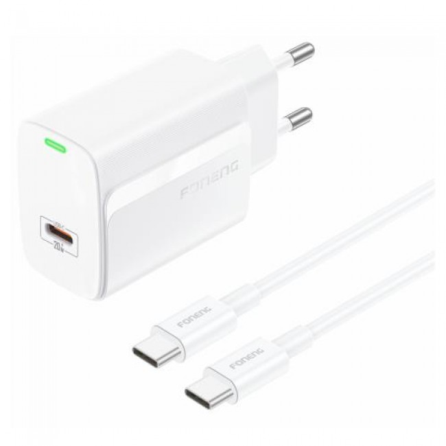 Φορτιστής Ταξιδίου Ταχείας Φόρτισης Foneng EU65 με Έξοδο USB C PD 20W 3A & Καλώδιο USB C σε USB C 1m Λευκό