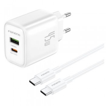 Φορτιστής Ταξιδίου Ταχείας Φόρτισης Foneng EU67 με Διπλή Έξοδο USB A & USB C 45W GaN & Καλώδιο USB C σε USB C Λευκό
