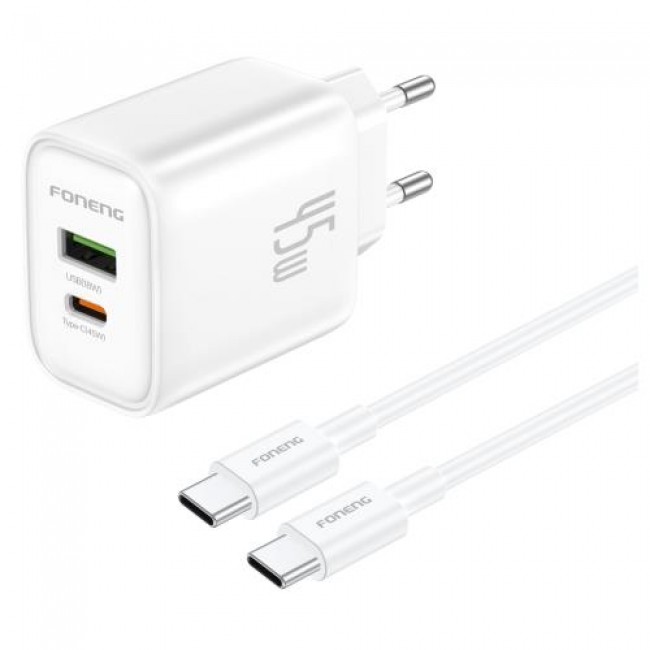 Φορτιστής Ταξιδίου Ταχείας Φόρτισης Foneng EU67 με Διπλή Έξοδο USB A & USB C 45W GaN & Καλώδιο USB C σε USB C Λευκό