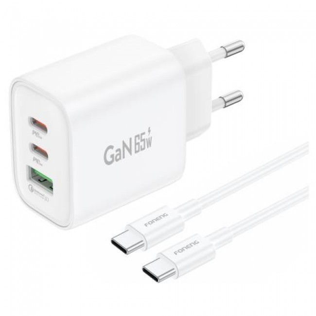 Φορτιστής Ταξιδίου Ταχείας Φόρτισης Foneng GaN10-EU με Τριπλή Έξοδο USB A & 2xUSB C GaN 65W & Καλώδιο USB C σε USB C 1m Λευκό