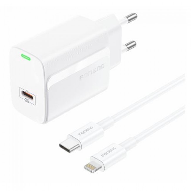 Φορτιστής Ταξιδίου Ταχείας Φόρτισης Foneng EU65 με Έξοδο USB C PD 20W 3A & Καλώδιο USB C σε Lightning 1m Λευκό
