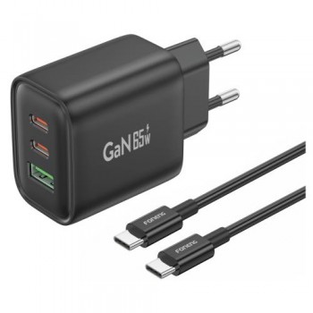 Φορτιστής Ταξιδίου Ταχείας Φόρτισης Foneng GaN10-EU με Τριπλή Έξοδο USB A & 2xUSB C GaN 65W & Καλώδιο USB C σε USB C 1m Μαύρο