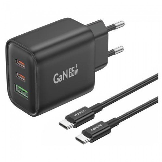 Φορτιστής Ταξιδίου Ταχείας Φόρτισης Foneng GaN10-EU με Τριπλή Έξοδο USB A & 2xUSB C GaN 65W & Καλώδιο USB C σε USB C 1m Μαύρο