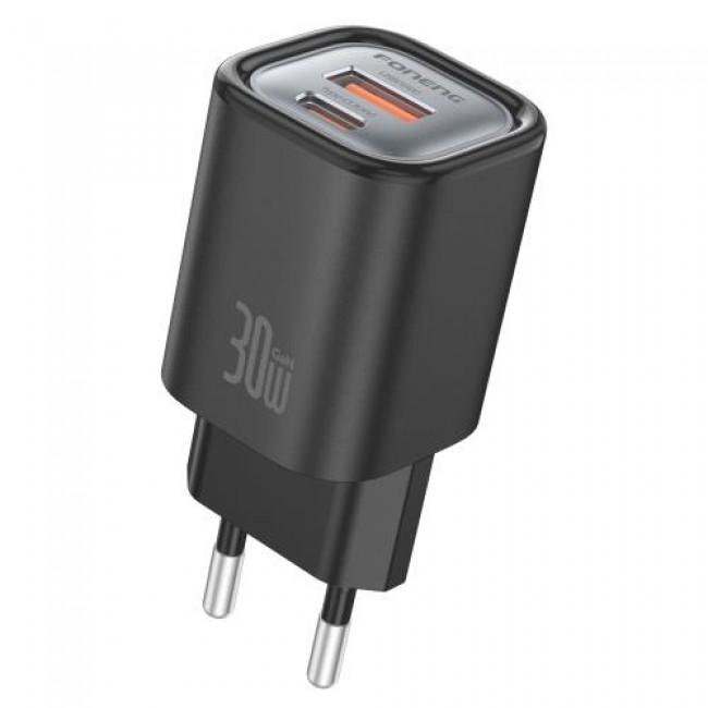 Φορτιστής Ταξιδίου Ταχείας Φόρτισης Foneng EU71 με Διπλή Έξοδο USB Α & USB C PD 30W GaN Μαύρο