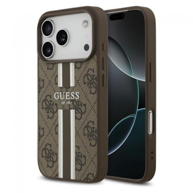 Θήκη PU Guess MagSafe Apple iPhone 17 Pro Hardcase Printed Stripes 4G Καφέ