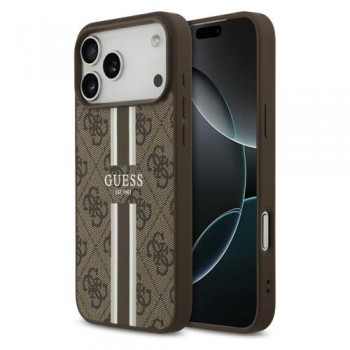Θήκη PU Guess MagSafe Apple iPhone 17 Pro Max Hardcase Printed Stripes 4G Καφέ