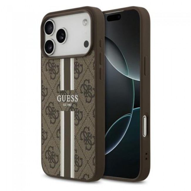 Θήκη PU Guess MagSafe Apple iPhone 17 Pro Max Hardcase Printed Stripes 4G Καφέ