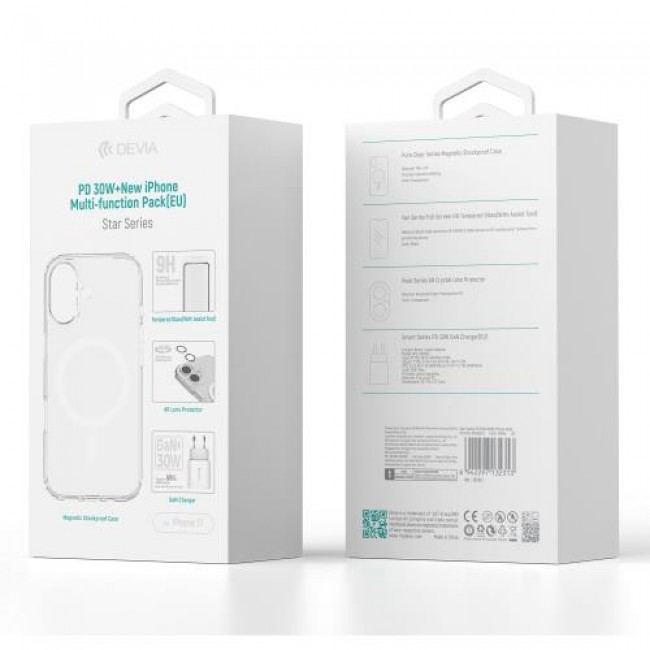 Φορτιστής Ταξιδίου Ταχείας Φόρτισης Devia με Έξοδο USB C PD 30W με Θήκη ShockProof & Tempered Glass & Camera Cover Apple iPhone 17 Star Pack Λευκό