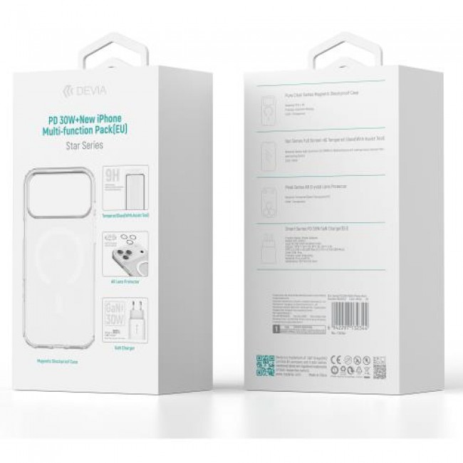 Φορτιστής Ταξιδίου Ταχείας Φόρτισης Devia με Έξοδο USB C PD 30W & Θήκη ShockProof & Tempered Glass & Camera Cover Apple iPhone 17 Pro Star Pack Λευκό