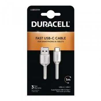 Καλώδιο Σύνδεσης USB 3.0 Duracell USB A σε USB C 15W 1m Λευκό
