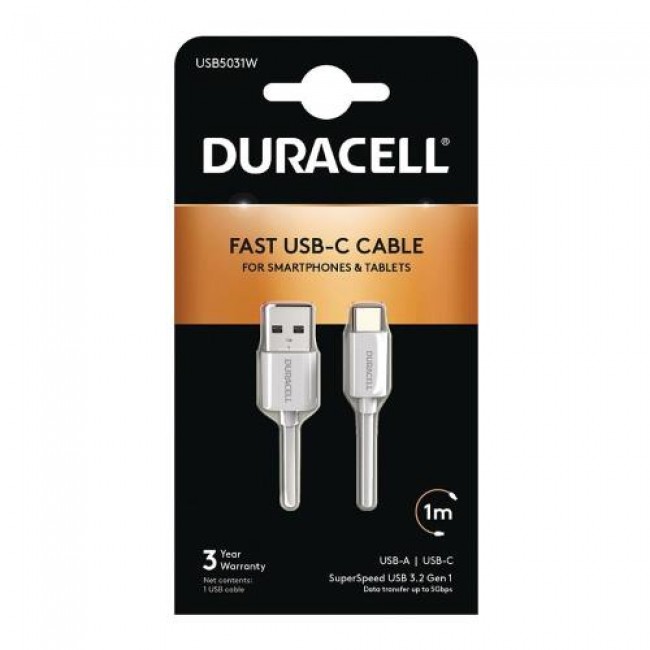 Καλώδιο Σύνδεσης USB 3.0 Duracell USB A σε USB C 15W 1m Λευκό