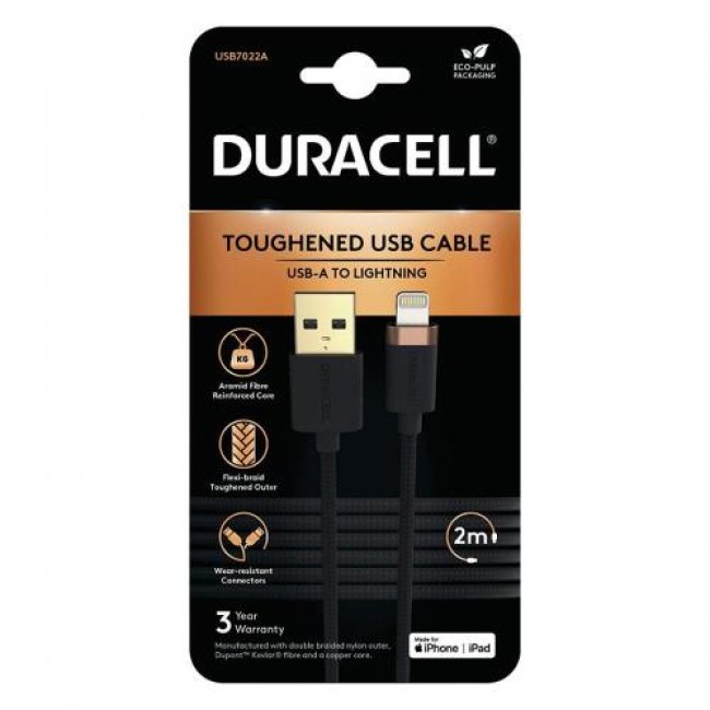 Καλώδιο Σύνδεσης USB 2.0 Duracell Braided Kevlar USB A σε MFI Lightning 15W 2m Μαύρο