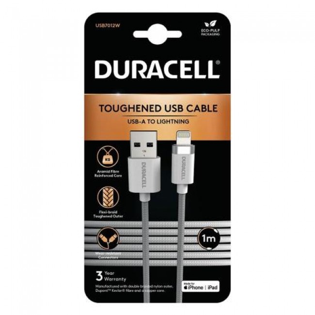 Καλώδιο Σύνδεσης USB 2.0 Duracell Braided Kevlar USB A σε MFI Lightning 12W 1m Λευκό