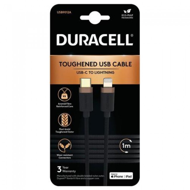 Καλώδιο Σύνδεσης USB 2.0 Duracell Braided Kevlar USB C σε MFI Lightning 60W 1m Μαύρο