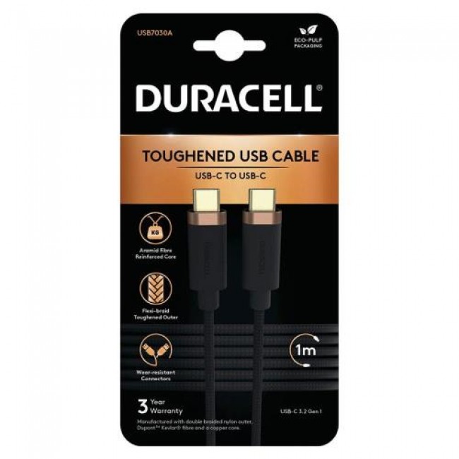Καλώδιο Σύνδεσης USB 3.2 Duracell Braided Kevlar USB C σε USB C 65W 1m Μαύρο