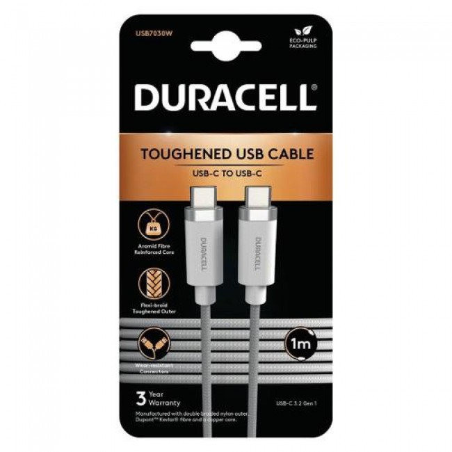 Καλώδιο Σύνδεσης USB 3.2 Duracell Braided Kevlar USB C σε USB C 60W 1m Λευκό