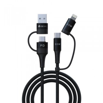 Καλώδιο Σύνδεσης USB 2.0 4 σε 1 Braided Devia EC504 USB C σε USB A & USB C & Lightning PD 60W & 20W 1.5m Extreme Μαύρο