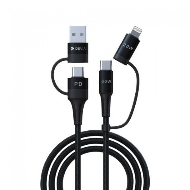 Καλώδιο Σύνδεσης USB 2.0 4 σε 1 Braided Devia EC504 USB C σε USB A & USB C & Lightning PD 60W & 20W 1.5m Extreme Μαύρο