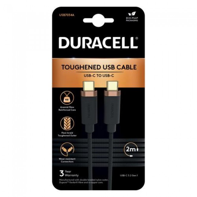 Καλώδιο Σύνδεσης USB 3.2 Duracell Braided Kevlar USB C σε USB C 63W 2m Μαύρο