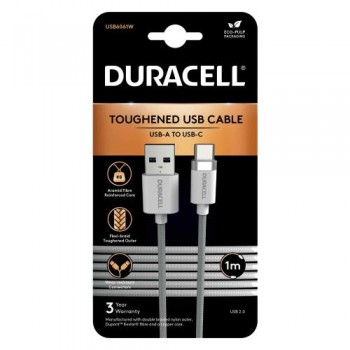 Καλώδιο Σύνδεσης USB 2.0 Duracell Braided Kevlar USB A σε USB C 15W 1m Λευκό