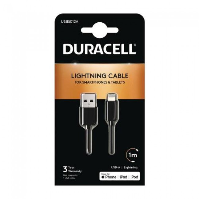 Καλώδιο Σύνδεσης USB 2.0 Duracell USB A σε MFI Lightning 12W 1m Μαύρο