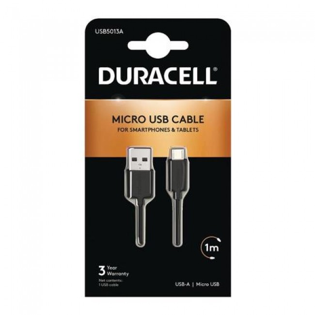 Καλώδιο Σύνδεσης USB 2.0 Duracell USB A σε Micro USB 10W 1m Μαύρο