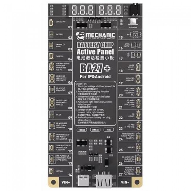 Πλακέτα Mechanic BA27 Plus για Έλεγχο Τάσης - Φόρτιση - Εκκίνηση Μπαταριών για Συσκευές Apple έως 17 Series, Samsung, Xiaomi & Huawei Πλακέτα Mechanic BA27 Plus για Έλεγχο Τάσης - Φόρτιση - Εκκίνηση Μπαταριών για Συσκευές Apple έως 17 Series, Samsung, Xiaomi & Huawei