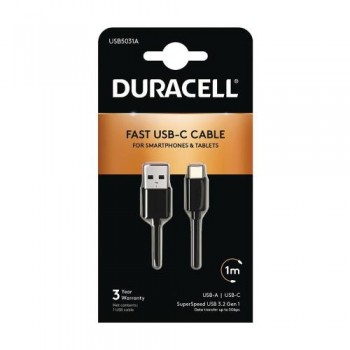Καλώδιο Σύνδεσης USB 3.0 Duracell USB A σε USB C 15W 1m Μαύρο