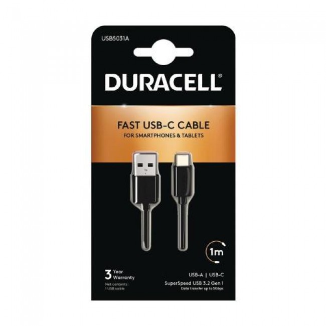 Καλώδιο Σύνδεσης USB 3.0 Duracell USB A σε USB C 15W 1m Μαύρο