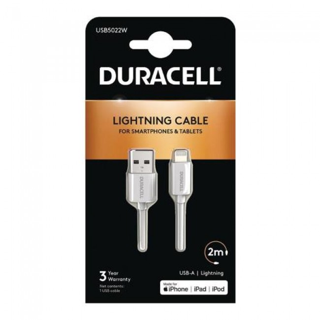 Καλώδιο Σύνδεσης USB 2.0 Duracell USB A σε MFI Lightning 15W 2m Λευκό Καλώδιο Σύνδεσης USB 2.0 Duracell USB A σε MFI Lightning 15W 2m Λευκό