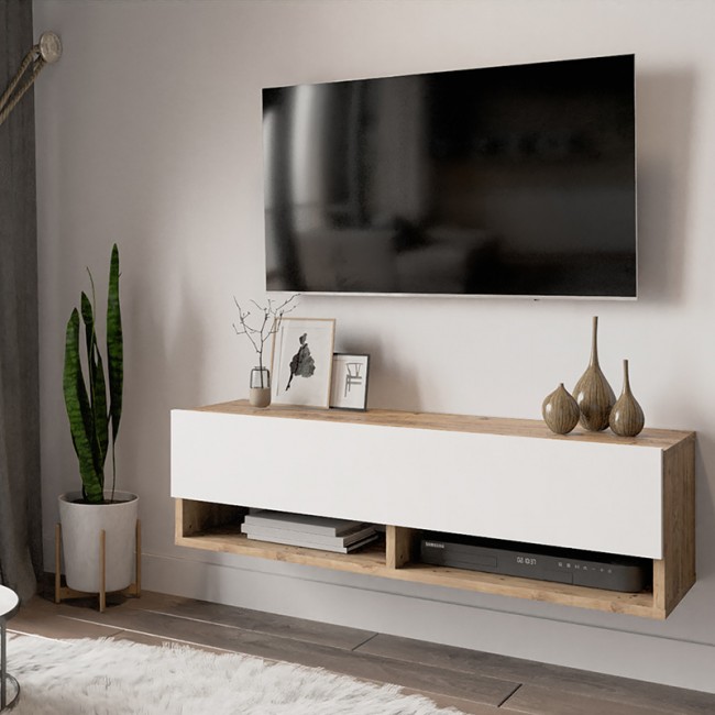 Έπιπλο τηλεόρασης επιτοίχιο Roscoe pakoworld λευκό-oak 100x31.5x29.5εκ Έπιπλο τηλεόρασης επιτοίχιο Roscoe pakoworld λευκό-oak 100x31.5x29.5εκ