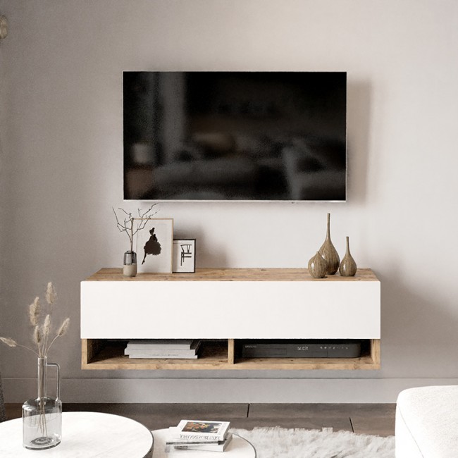 Έπιπλο τηλεόρασης επιτοίχιο Roscoe pakoworld λευκό-oak 100x31.5x29.5εκ Έπιπλο τηλεόρασης επιτοίχιο Roscoe pakoworld λευκό-oak 100x31.5x29.5εκ