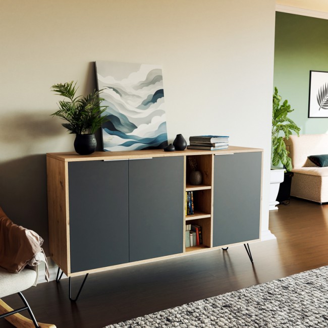 Μπουφές Clara pakoworld χρώμα light oak-ανθρακί 142x35.5x82εκ Μπουφές Clara pakoworld χρώμα light oak-ανθρακί 142x35.5x82εκ