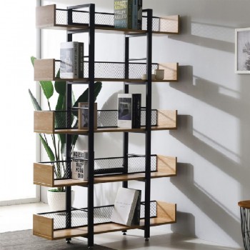 Βιβλιοθήκη Musha pakoworld μέταλλο μαύρο με oak απόχρωση 120x22x185εκ