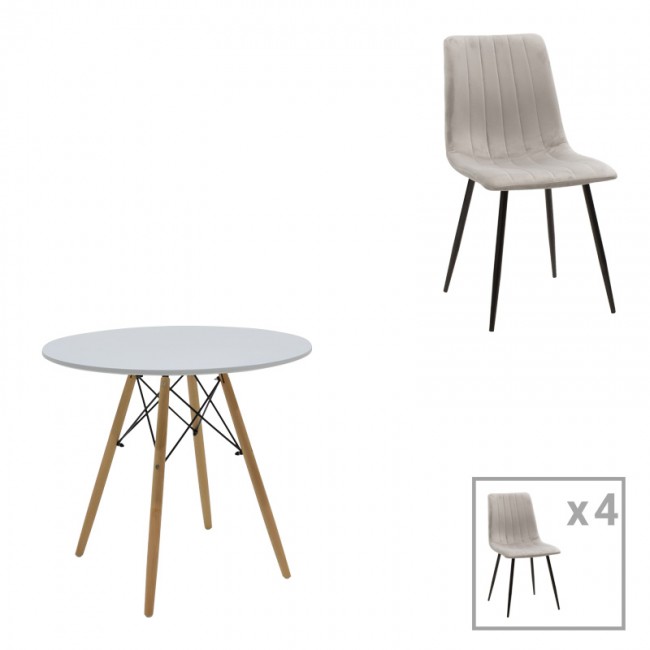 Τραπεζαρία Julita-Noor pakoworld σετ 5τεμ MDF λευκό-γκρι-πόδια φυσικό Φ80x73εκ Τραπεζαρία Julita-Noor pakoworld σετ 5τεμ MDF λευκό-γκρι-πόδια φυσικό Φ80x73εκ